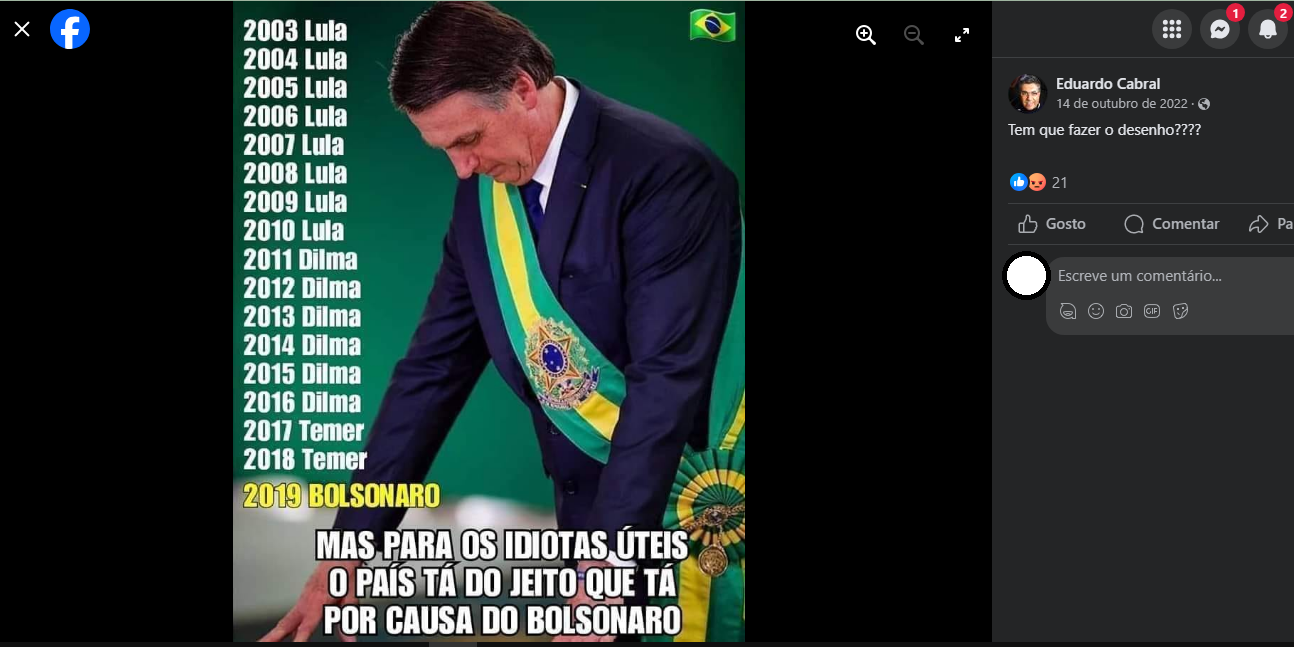 Uma das postagens em que Cabral defende o ex-presidente inelegível, Jair Bolsonaro. Foto: Redes 