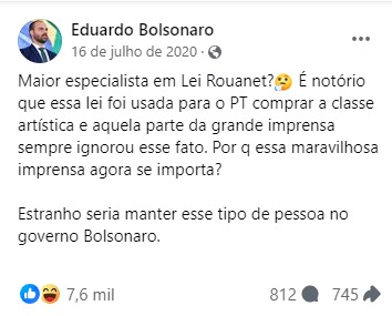 Recorte mostra Eduardo Bolsonaro tecendo críticas infundadas à lei.