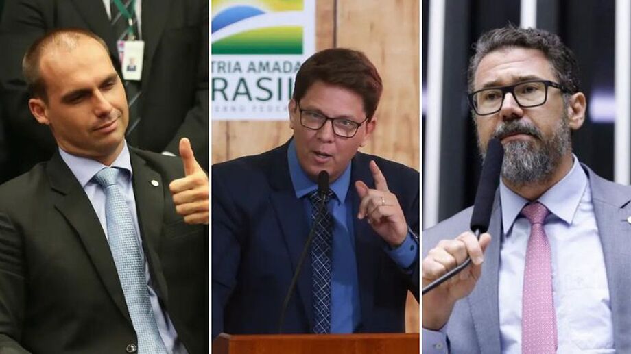 Deputados Eduardo Bolsonaro (PL-SP), Mário Frias (PL-SP) e Marcos Pollon (PL-MS), que destinaram verba para a produção do documentário 'Genocidas' - (Foto: Divulgação)
