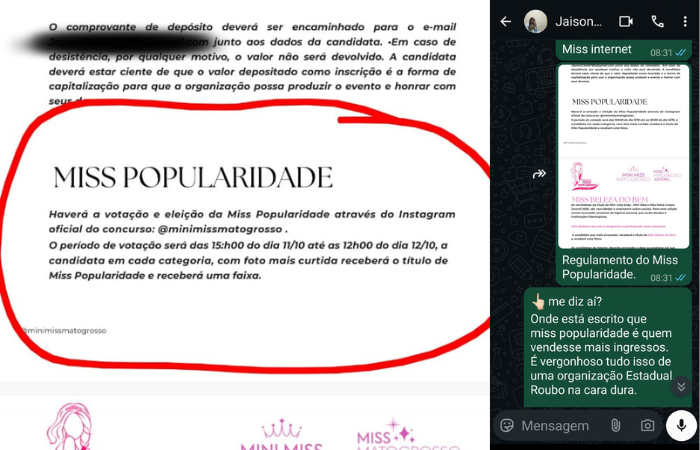Regulamento enviado &agrave; reportagem comprova que o t&iacute;tulo de Miss Popularidade deveria ser concedido &agrave; candidata que recebesse mais apoios na publica&ccedil;&atilde;o da foto no Instagram. Fotos: Cedidos ao TeatrineTV