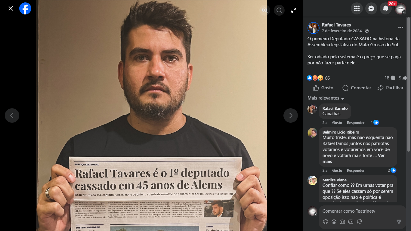 Com engajamento baixo, Rafael Tavares se diz 'antissistema', mas cumpre pena em liberdade. Foto: Reprodu&ccedil;&atilde;o