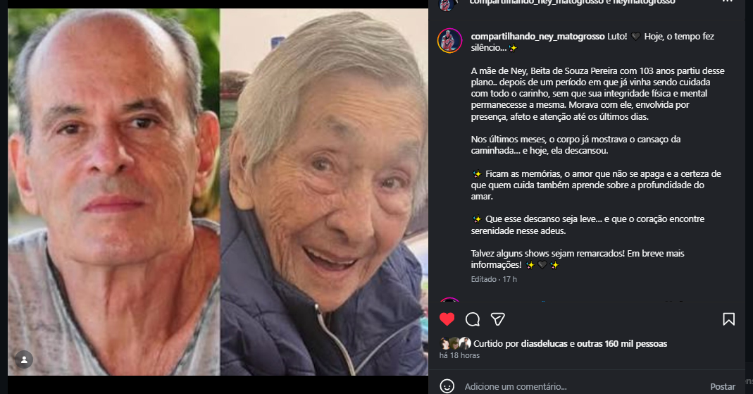 Publica&ccedil;&atilde;o na conta oficial de Ney Matogrosso no Instagram. Print de tela