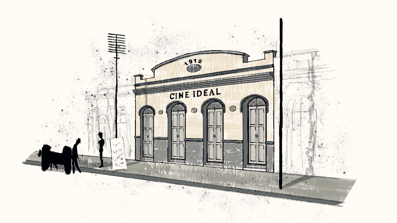 Reconstru&ccedil;&atilde;o da fachada do Cine Ideal, primeiro cinema de Rua de Campo Grande. O desenho &eacute; de Nicoly Vargas