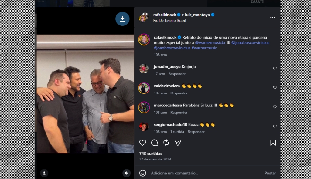 Em 2024, uma postagem indicava que Jo&atilde;o Bosco e Vin&iacute;cius haviam firmado parceria para serem empresariados por Rafael Kinock e Luiz Montoya Samperi. Foto: Instagram